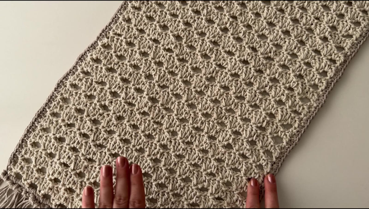 Crochet cotton table runner in Ecru with lace shell stitch pattern